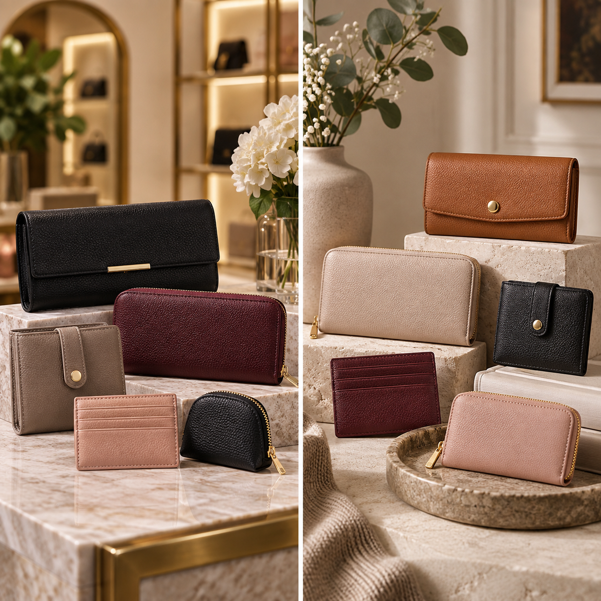 Women’s purses and wallets in black, burgundy, tan and neutral colours