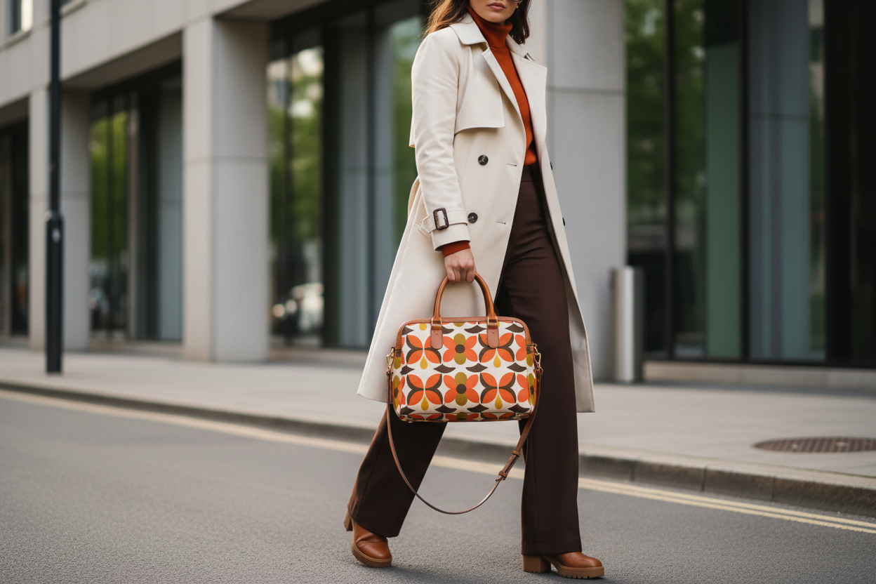 a woman carrying an orla kiely style shoulder bag