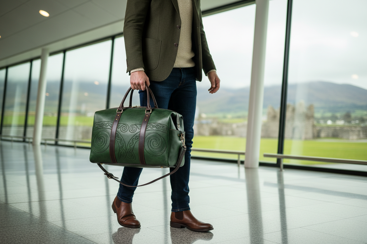 generate image of a man carrying a well designed irish travelk bag