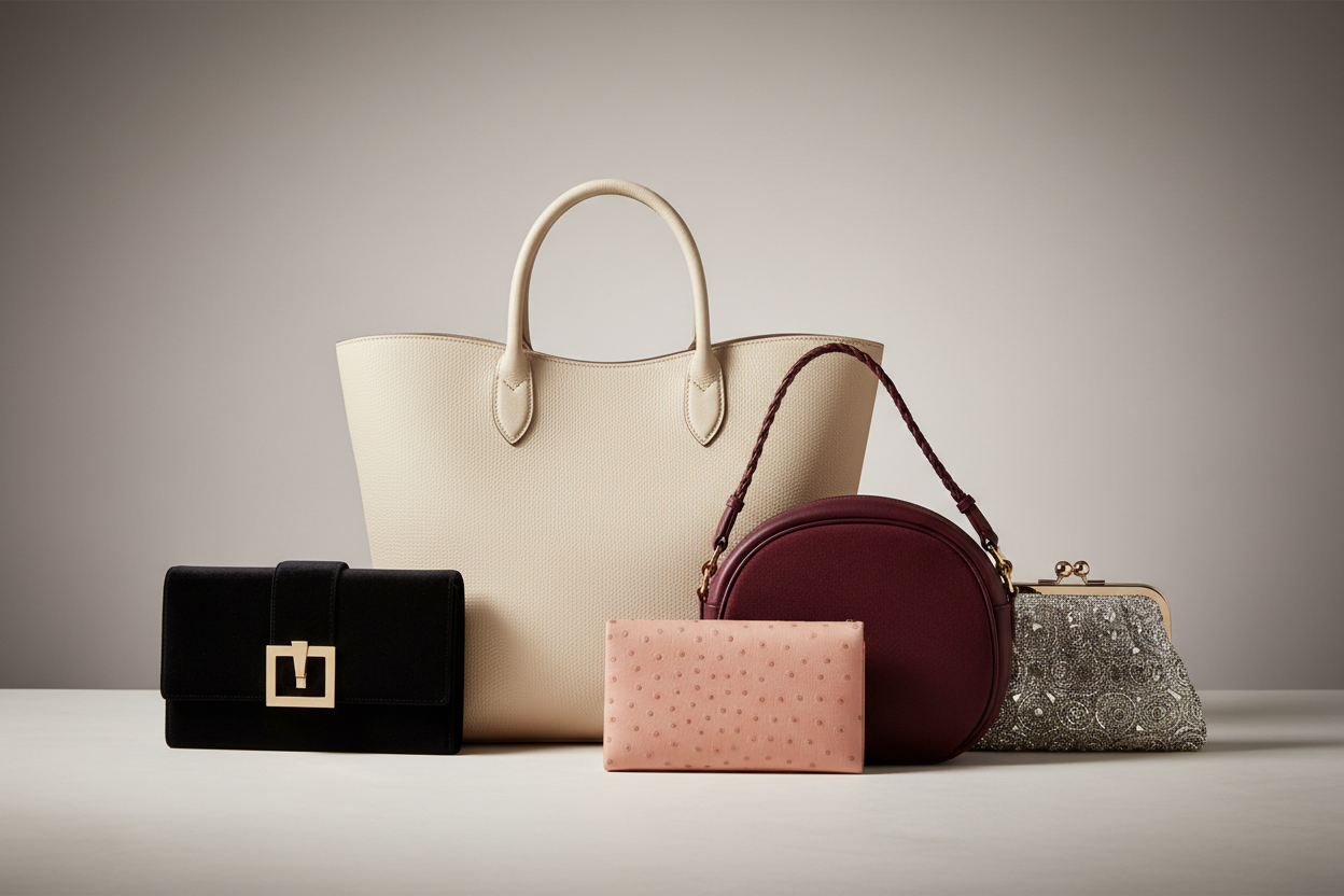 premium women designer handbags, evening bags and Clutches on a clean surface, minimalistic surface and background